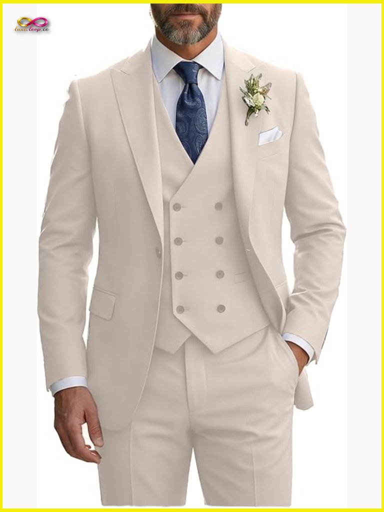 Slim Fit Three Piece Double Breasted Suit Wedding Prom Business Formal Elegant